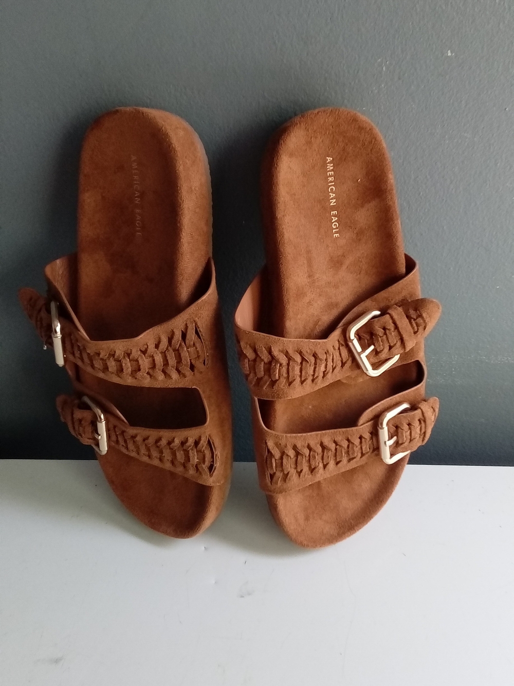 American Eagle Cognac Brown Braided Double Strap Buckle Slide Sandals